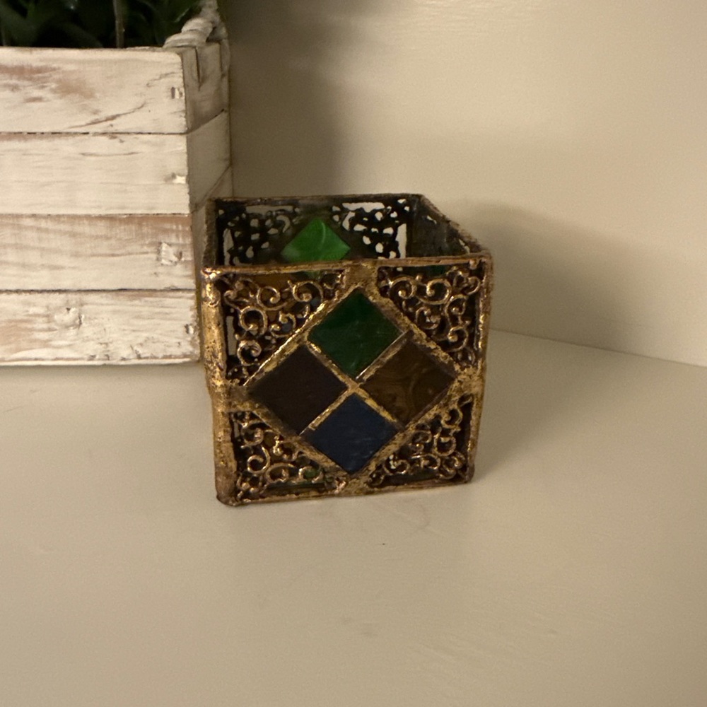 Vintage Metal Filigree Candle Holder with Colored Glass | Boho Moroccan Decor